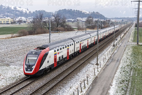 Bombardier Twindexx train operated by SBB Swiss Federal Railways in Wartau, Switzerland, Europe