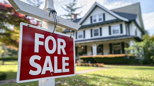 Home for sale real estate sign in front of house. generative AI, AI generated