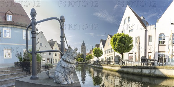 Bronze sculpture by Cornelia Brader: City tomcat Chicco at the city stream, behind it Our Lady's