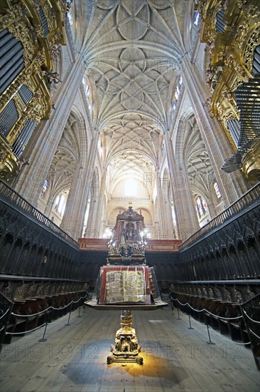 Choir books and choir stalls in the cathedral, Segovia, province of Segovia, Castile and Leon,