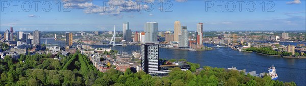 Aerial panorama view of Rotterdam city and the Erasmus bridge Erasmusbrug over Nieuwe Maas river