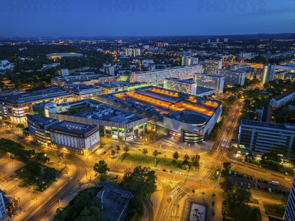 Dippoldiswalder Platz with view to Prager Straße, Dresden Night aerial view, Dresden, Saxony,