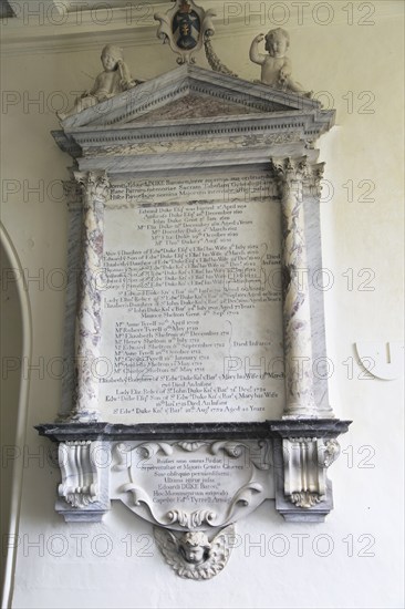 Genealogical family monument memorial in St Mary parish church, Benhall, Suffolk, England, UK