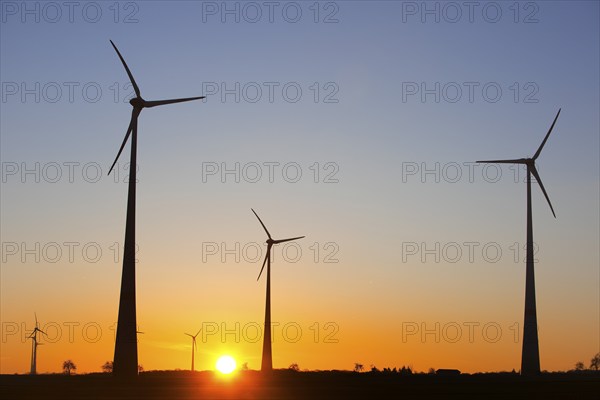 Wind turbines at sunrise, Wevelsburg wind farm, Büren, Paderborn plateau, North Rhine-Westphalia,
