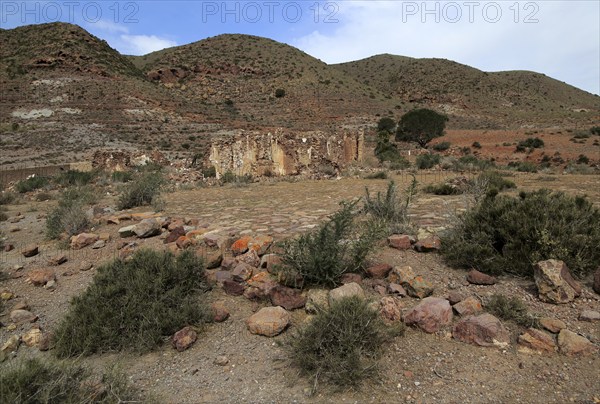 Abandoned farmhouse building near Presillas Bajas, Cabo de Gata national park, Almeria, Spain,