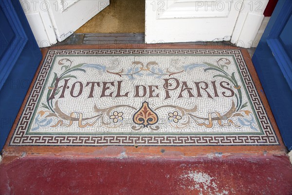Architectural detail of entrance door mosaic Hotel de Paris in the seaside town of Cromer, north