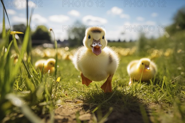 A close-up of a cute duckling standing in a sunlit meadow, with other ducklings and wildflowers in