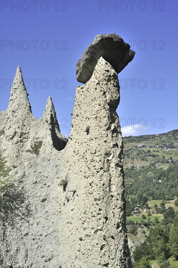Pyramids of Euseigne, Valais, Wallis, Switzerland. Rocks of harder stone stacked on top of
