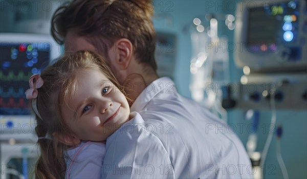 Doctor hugging little girl in hospital room. Smiling young girl being held by a doctor, AI