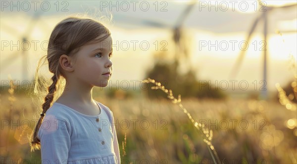 A girl stands in a field of flowers next to a wind farm that produces green sustainable energy, AI