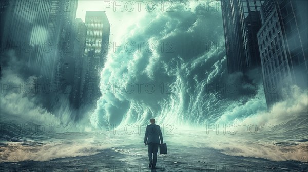 Disheartened businessman standing in the city in the midst of aproaching turbulent crashing waves.