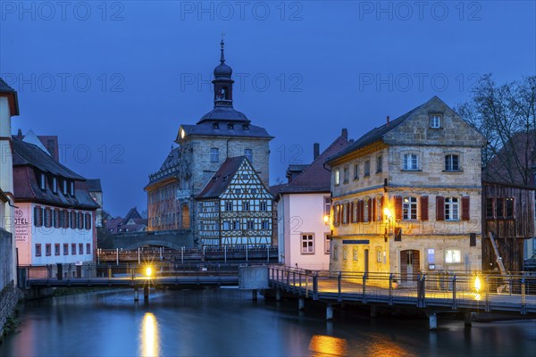 Untere Mühlbrücke, Versicherungskammer Bayern, Old Town Hall, Regnitz, Blue Hour, Bamberg, Lower