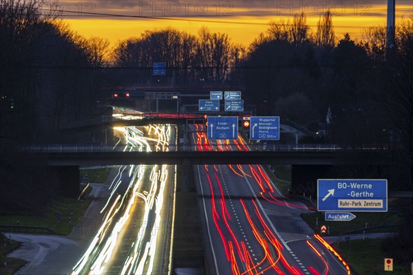 Motorway A40, Ruhrschnellweg, near Bochum, dense evening traffic, in front of the motorway junction
