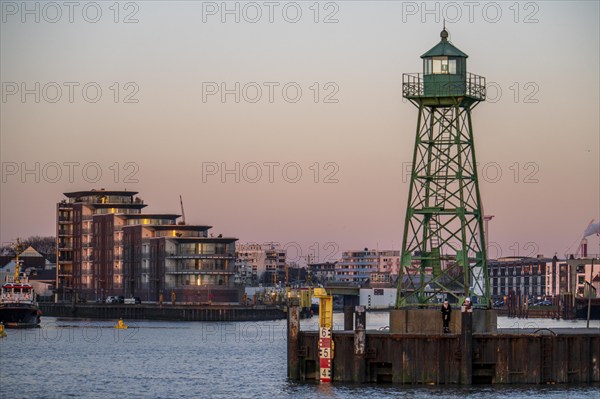 Skyline of Bremerhaven, seen over the Weser, lighthouse at the mouth of the Geeste, harbour of the