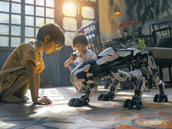 Two children are playing with a robot dog. AI technology affects the life and shapes the future, AI