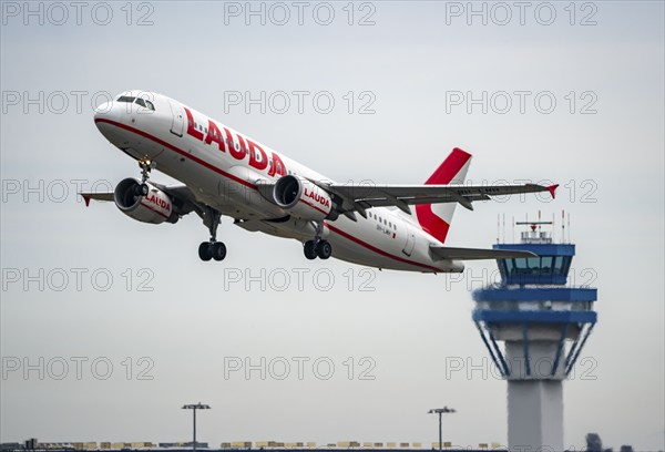 Cologne-Bonn Airport, CGN, Lauda Air, Airbus on take-off, German Air Traffic Control Tower,