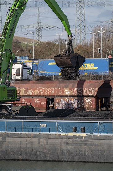 WHE Westthafen Wanne, coal for power stations is transferred from a Belgian cargo ship, coming from