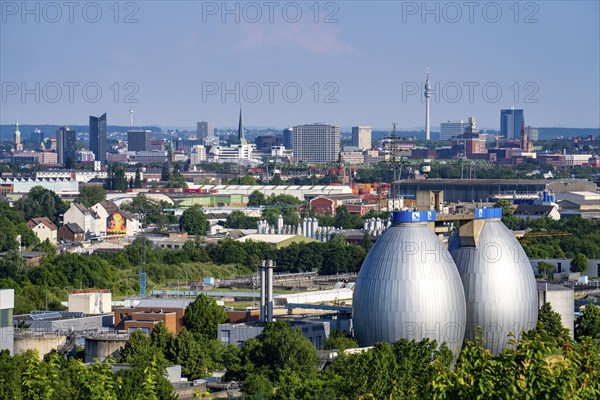 View of Dortmund city centre from the Deusenberg spoil tip, with the digestion towers of the Deusen
