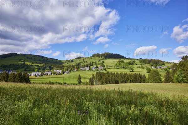 Landscape with hills, meadows, forests and a village under a blue sky with cumulus clouds near