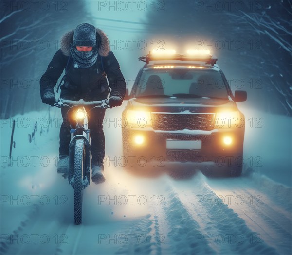 A cyclist rides in front of a car with headlights switched on in the dark in snow, generated with
