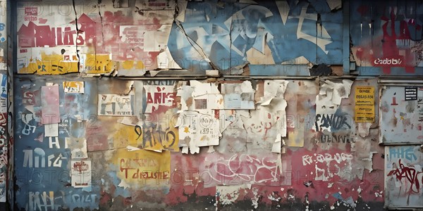 Grunge ripped torn placard posters background in white, pink, blue and yellow colors, AI generated