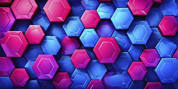 Abstract composition of interlocking blue and red hexagons, AI generated