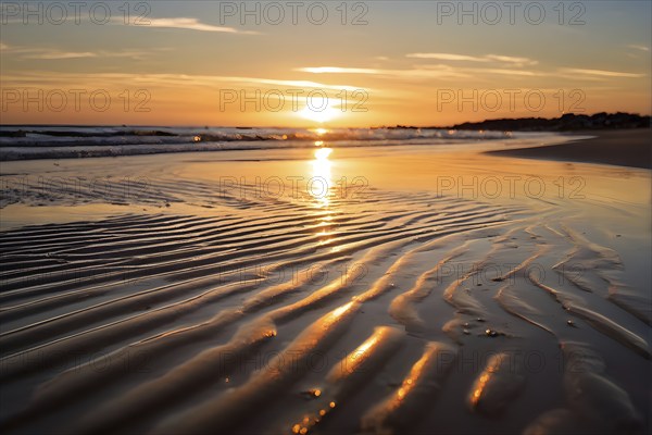 Sunset mood on a whispering tranquil costal landscape with sandy beach, AI generated