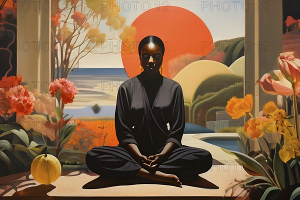 Illustration of a tranquil meditation session scenery in an idyllic garden, AI generated