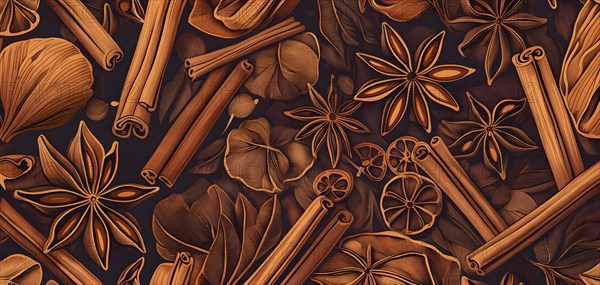 Abstract wallpaper illustration of Christmas spices like cinnamon sticks, star anise, and cloves,