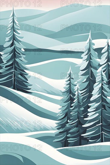 Abstract winter wonderland with minimalist stylized pine trees and snowdrifts using soft pastel