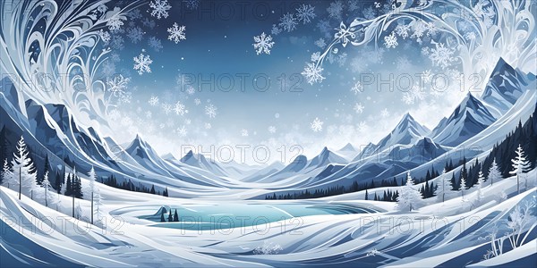 Abstract illustration of dreamy, icy landscape with swirling blues, whites, and silvers, evoking