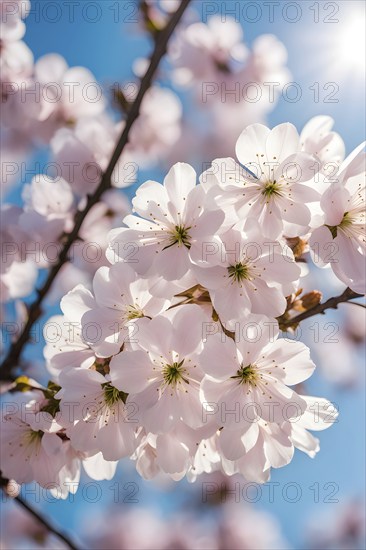 Blooming cherry blossoms with soft pink petals against a clear blue sky, with delicate sunlight