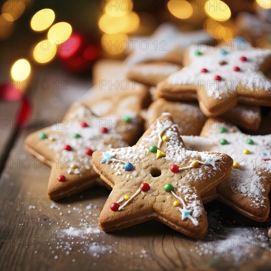 A detailed shot of Christmas cookies on a wooden table, featuring star-shaped cookies with colorful