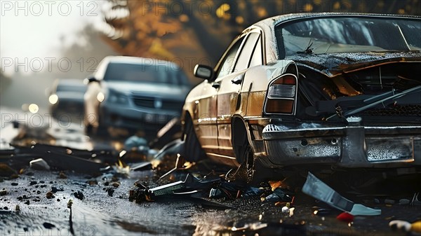 Close-up of damaged car wrecks after a road accident, AI generated
