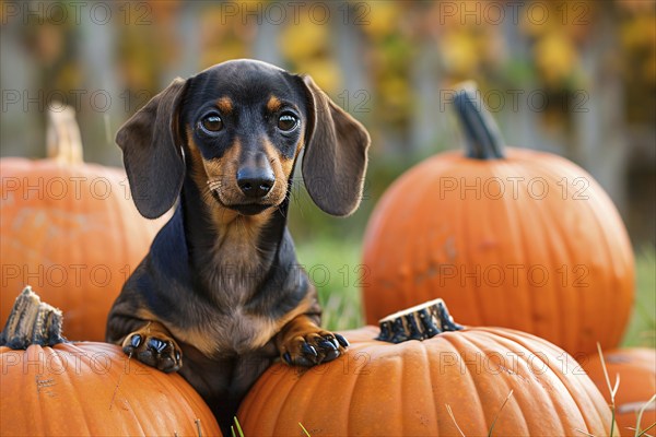 Cute Dachshund dog between large orange pumpkins. Generative Ai, AI generated
