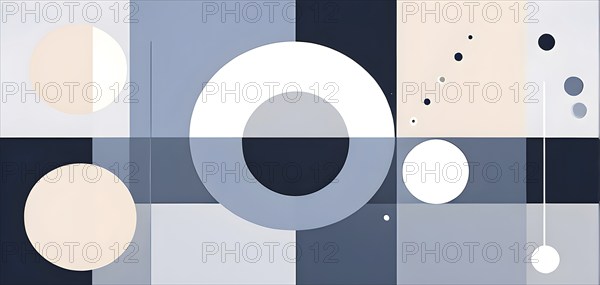 Minimalist composition of overlapping geometric shapes, such as circles, squares, and triangles,