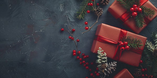 Top view of Christmas gift boxes wrapped in red paper with berries and fir branches on green