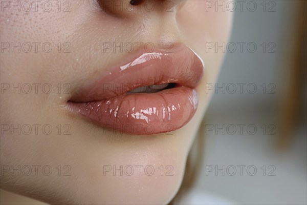 Close up of large plump lips of woman with Hyaluronic acid beauty fillers, KI generiert, generiert,