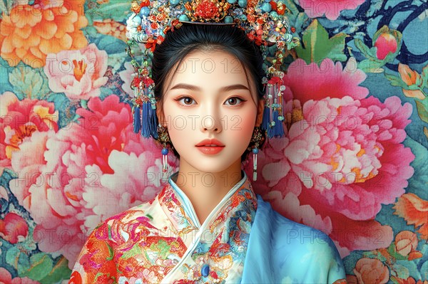 Beautiful Asian woman in front of a chimeric flower tapestry, AI generated
