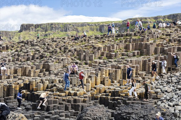 Tourists hike on staircase-shaped rock formations under a blue sky, Giant Causeway