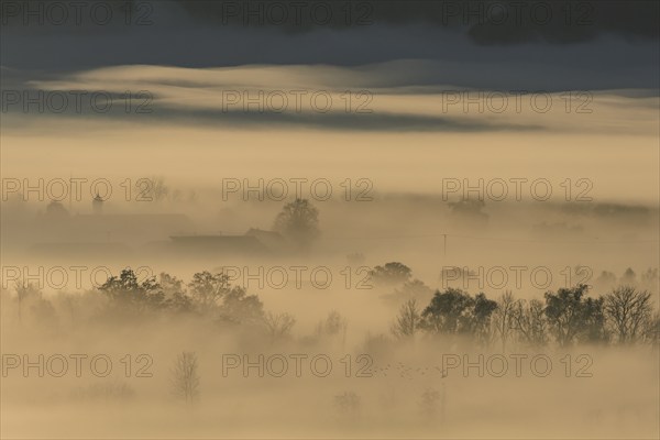 Foggy mood, fog, morning light, church tower, backlight, autumn, Loisach-Lake Kochel moor, view of