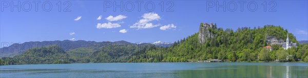 Panorama lake with castle and St Martina's Catholic Church, Bled, municipality of Bled, Slovenia,
