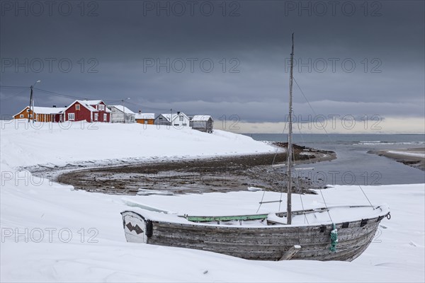 Old boat on the beach, houses, village, coast, sea, snow, winter, clouds, Kramvik, Varanger