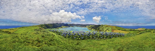 360° panorama of the Caldeira das Sete Cidades with the crater lake Lagoa Azul and blue horternsia