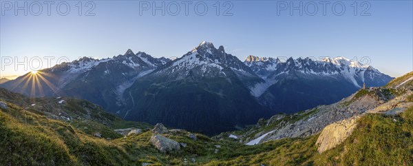 Panorama, morning atmosphere with sun star, Mountain landscape at sunrise, Mountain peak, Aiguille