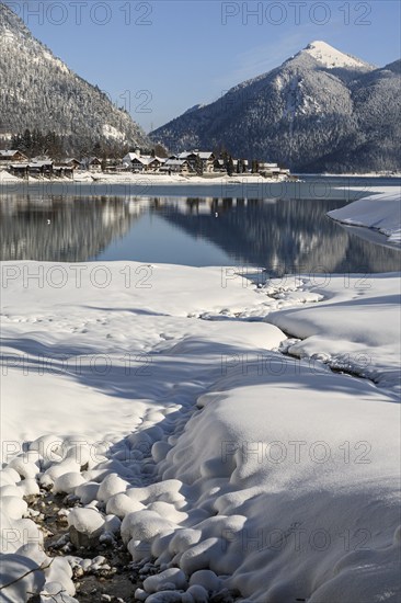 Mountains reflected in lake, village, houses, winter, snow, sunny, Walchensee, behind Jochberg,
