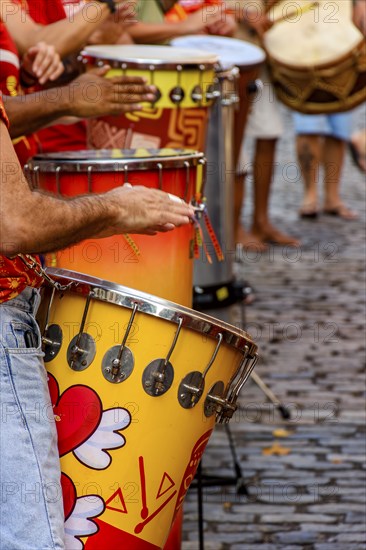 Colorful drums at the street carnival in the city of Recife, Pernambuco state, Recife, Pernambuco,