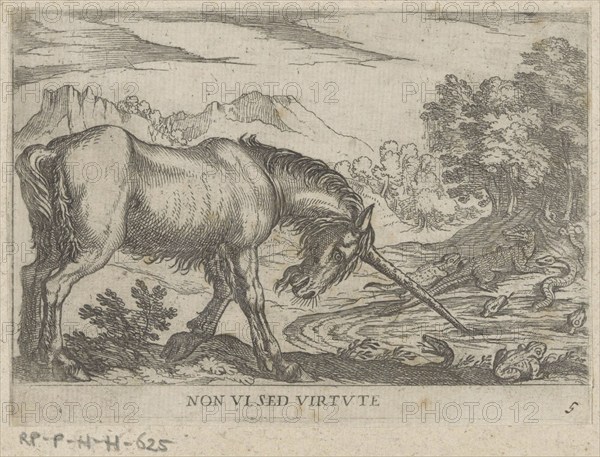 A unicorn chasing lizards from a pond, c. 1600, by Antonio Tempesta, Historical, digitally restored