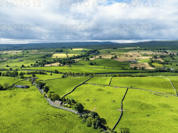 Farms and Fields over Yorkshire Dales National Park from a dron, North Yorkshire, England, United