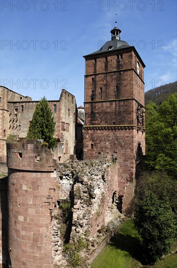 Heidelberg Castle, destroyed in 1689, prison tower in front, gate tower or clock tower on the right